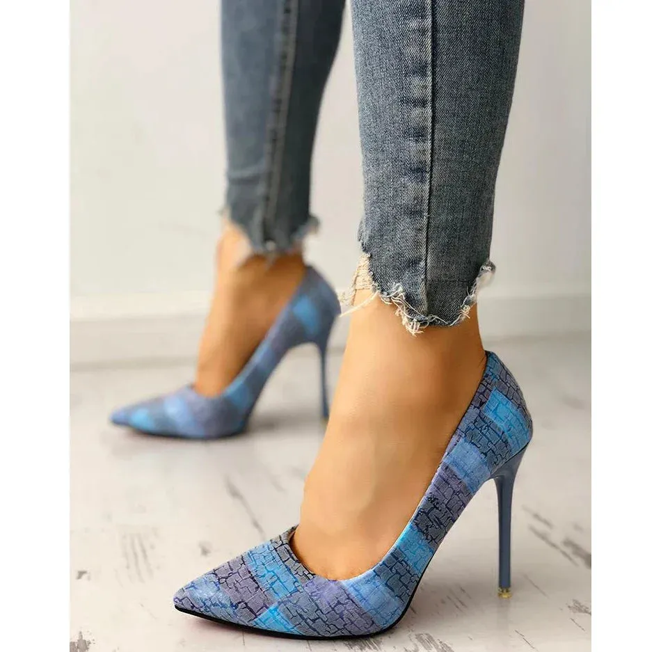 Color Blocking Woven Print High Heel Pointed Toe Summer Party High Heel