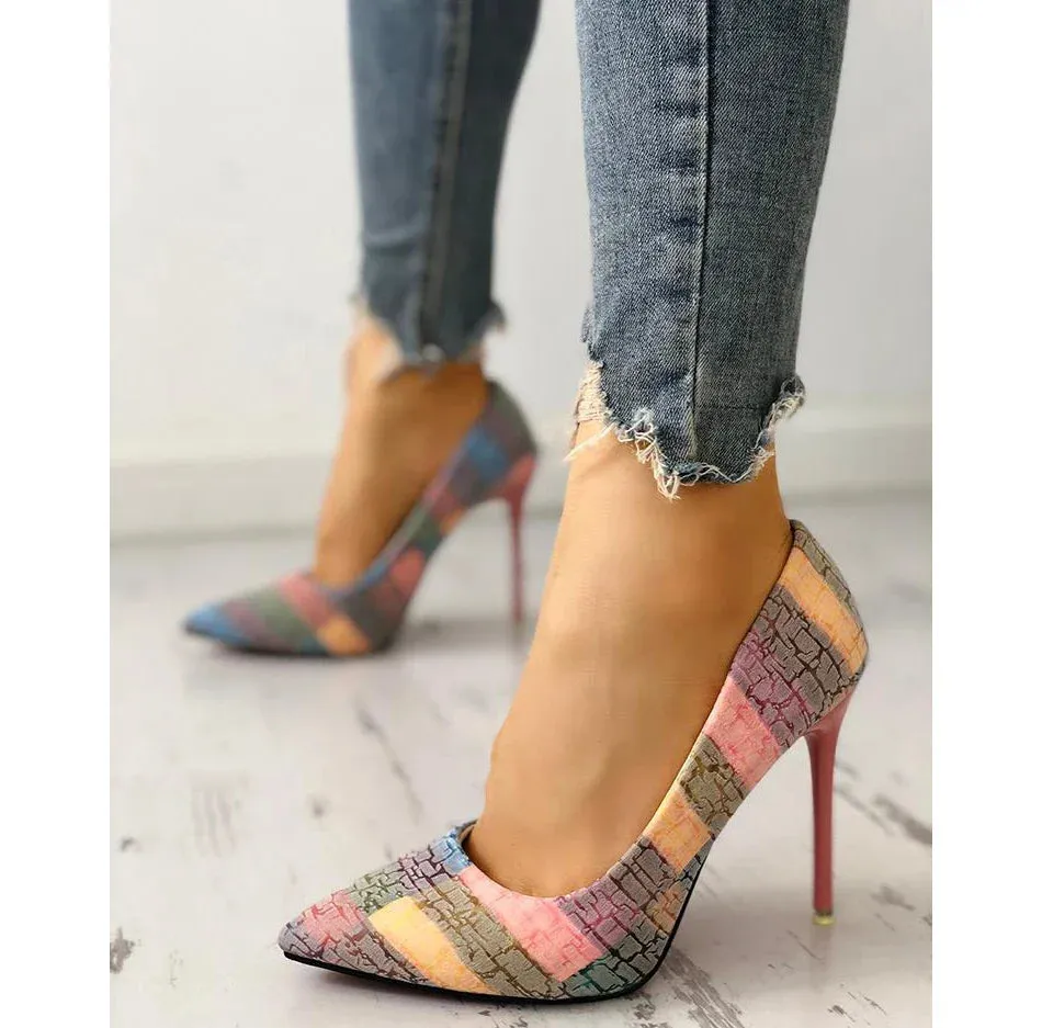 Color Blocking Woven Print High Heel Pointed Toe Summer Party High Heel