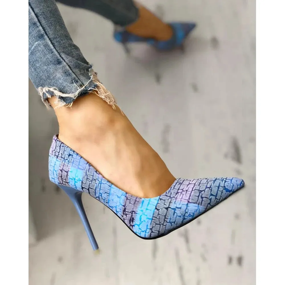 Color Blocking Woven Print High Heel Pointed Toe Summer Party High Heel