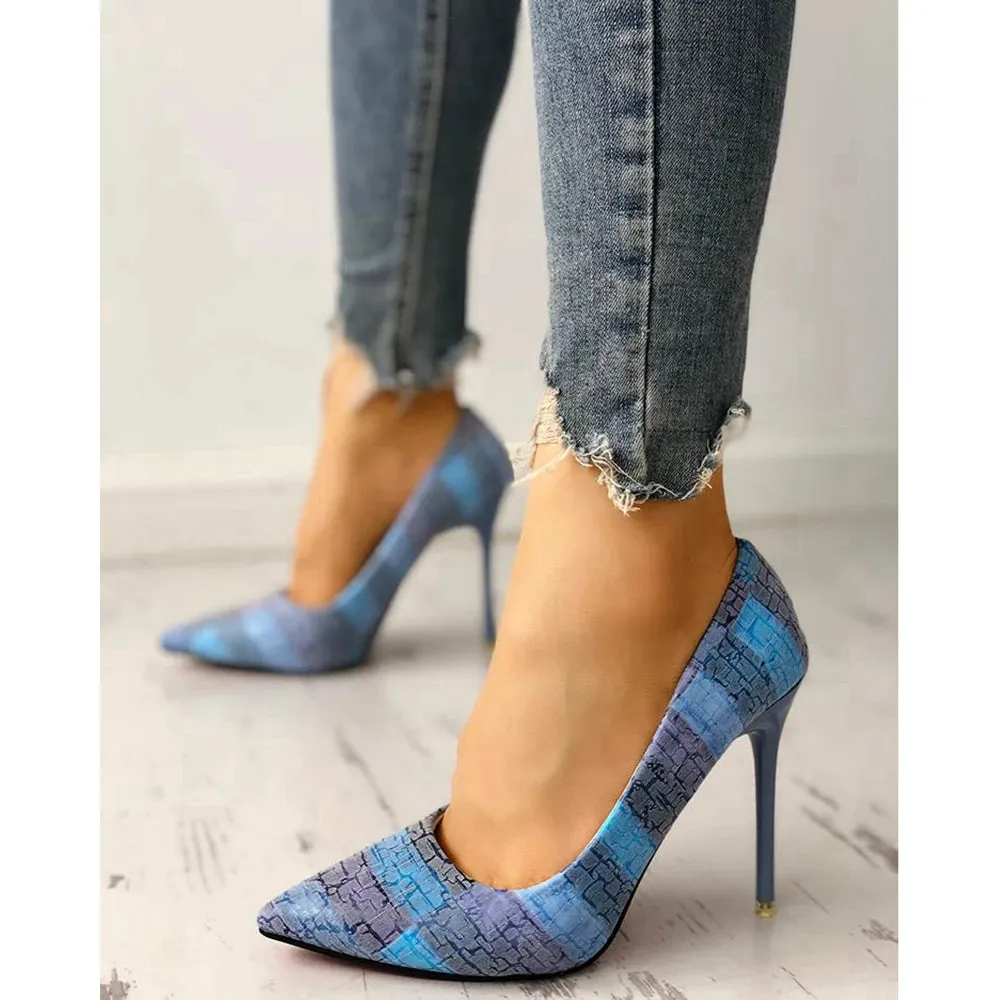 Color Blocking Woven Print High Heel Pointed Toe Summer Party High Heel