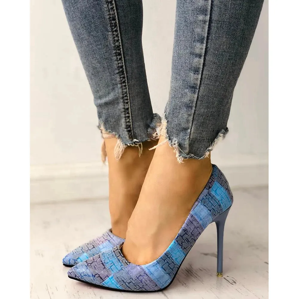 Color Blocking Woven Print High Heel Pointed Toe Summer Party High Heel