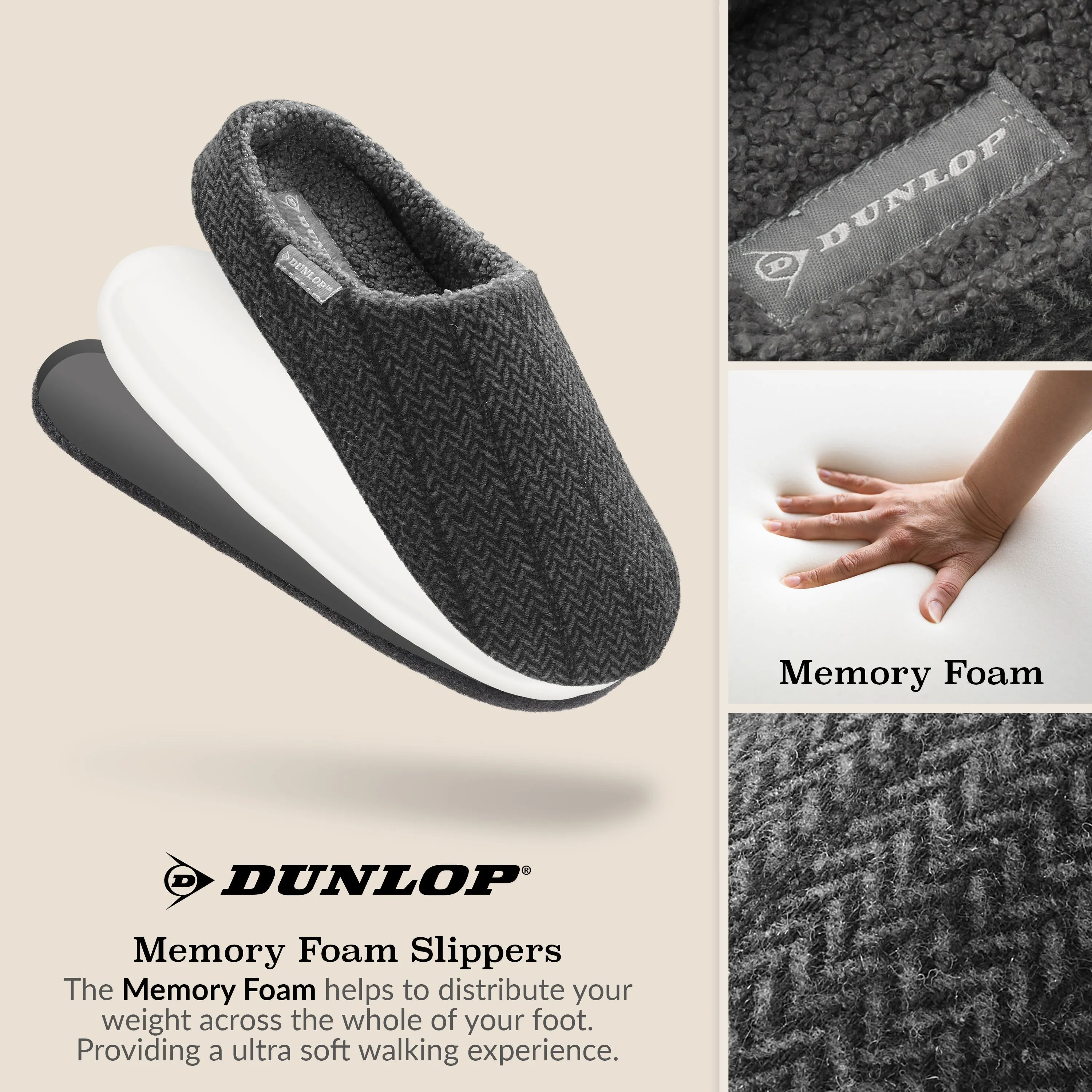 Dunlop Mens Slippers Open Back Memory Foam Fleece Lined Slipper Indoor Outdoor