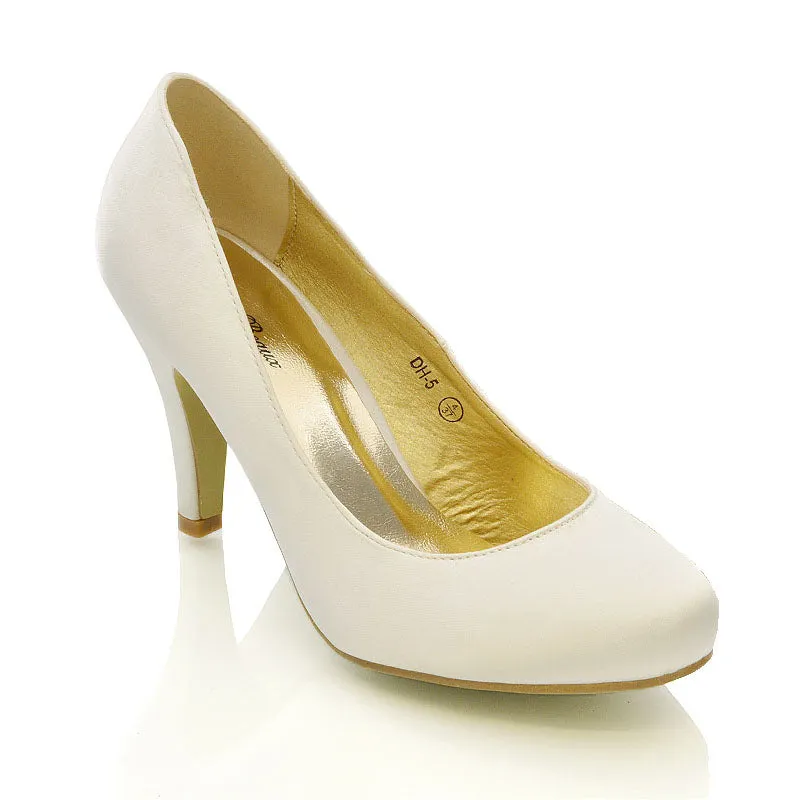 ELISABETH MID STILETTO HIGH WEDDING HEELS SLIP ON BRIDAL COURT SHOES IN IVORY SATIN