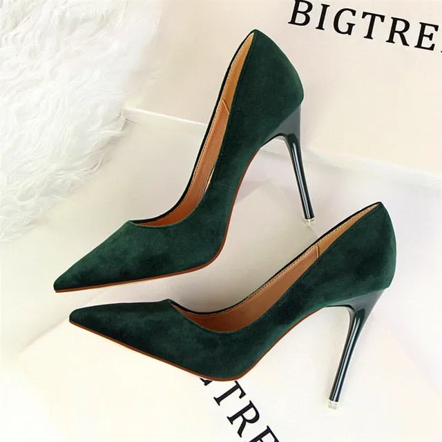 Fashion Women's High Heels Shallow Office Shoes New Arrival  Solid Flock Pointed Toe Women Pumps Super High Sexy Shoes 9 Colors