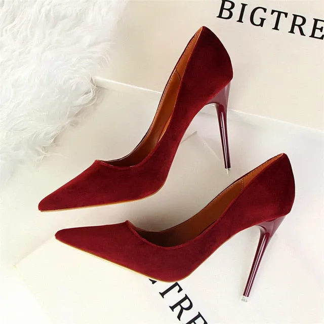 Fashion Women's High Heels Shallow Office Shoes New Arrival  Solid Flock Pointed Toe Women Pumps Super High Sexy Shoes 9 Colors