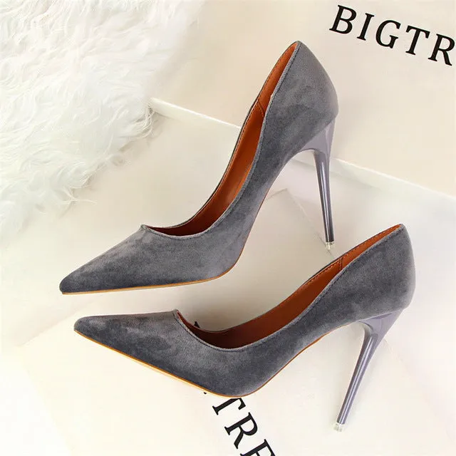 Fashion Women's High Heels Shallow Office Shoes New Arrival  Solid Flock Pointed Toe Women Pumps Super High Sexy Shoes 9 Colors