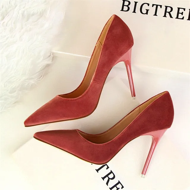 Fashion Women's High Heels Shallow Office Shoes New Arrival  Solid Flock Pointed Toe Women Pumps Super High Sexy Shoes 9 Colors