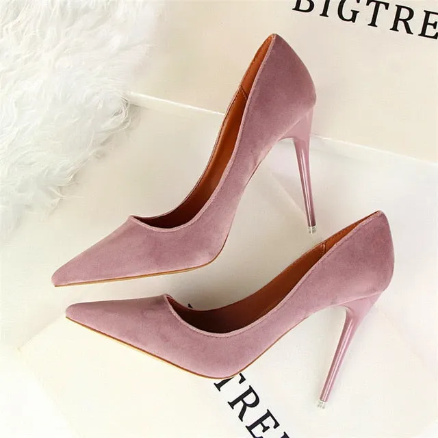 Fashion Women's High Heels Shallow Office Shoes New Arrival  Solid Flock Pointed Toe Women Pumps Super High Sexy Shoes 9 Colors