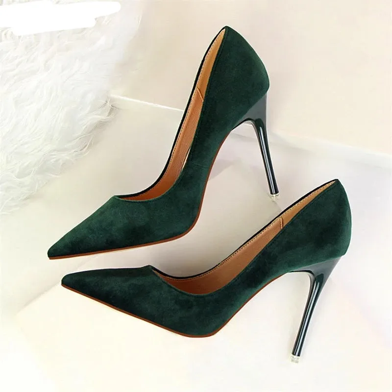 Fashion Women's High Heels Shallow Office Shoes New Arrival  Solid Flock Pointed Toe Women Pumps Super High Sexy Shoes 9 Colors