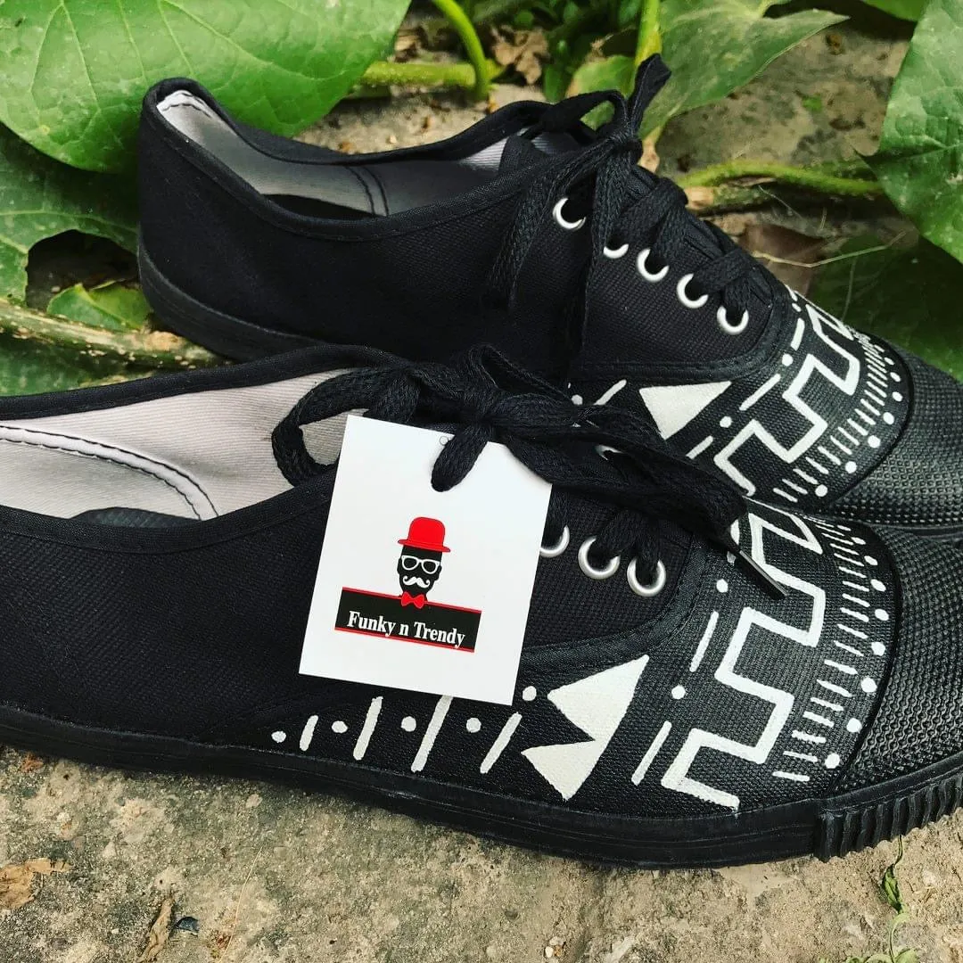 Funky N Trendy hand painted water resistant AZTEC theme black shoes