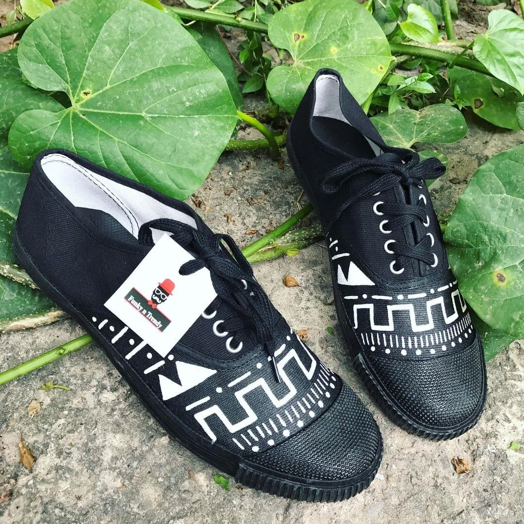 Funky N Trendy hand painted water resistant AZTEC theme black shoes