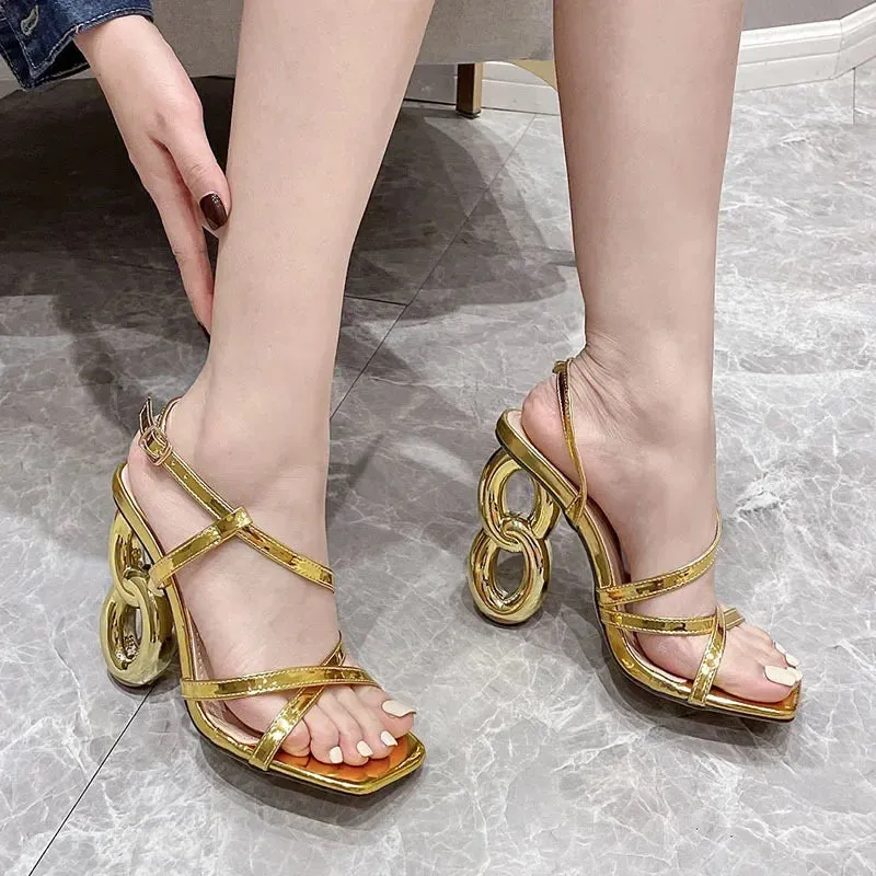 Glamorous Gold Gladiator High Heel Summer Narrow Band Square Toe High Heel