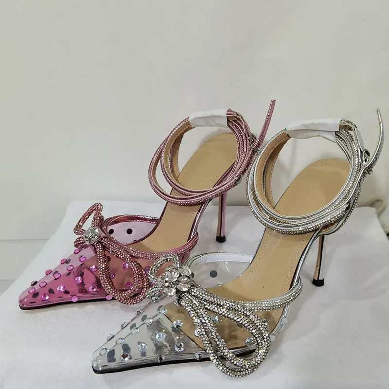 Glitter Rhinestones Crystal bowknot Satin Genuine leather High heels