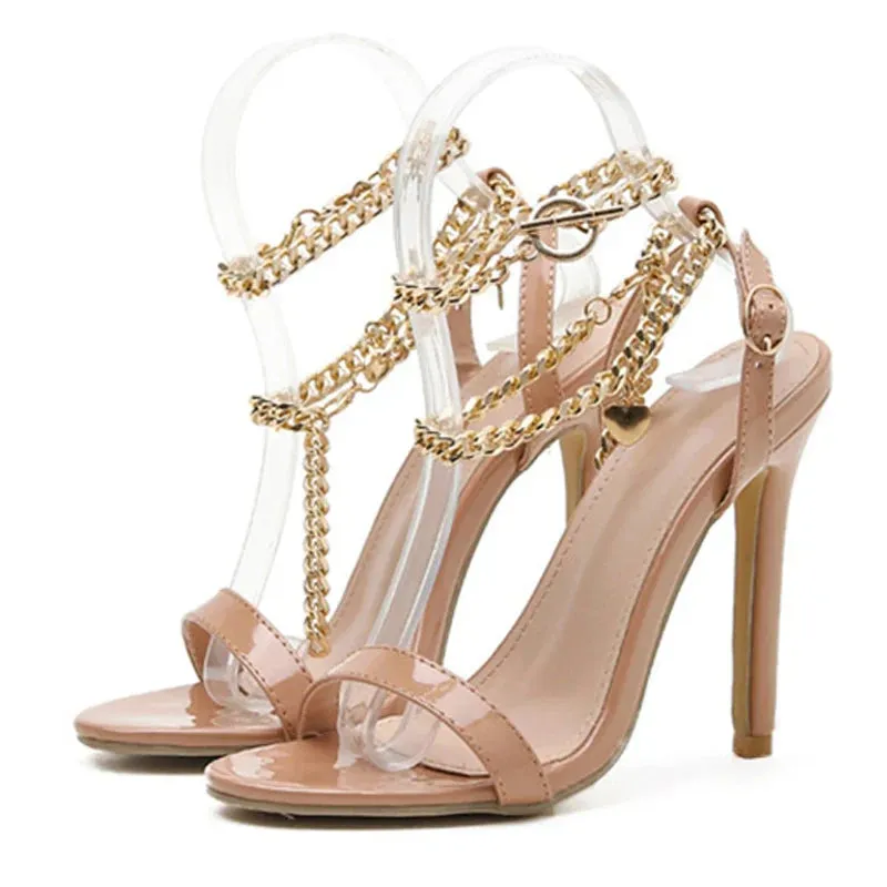 High Quality Pink Patent Leather Summer Open Toe Metal Chain High Heel