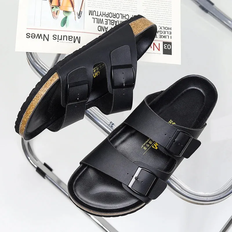 Hnzxzm Men Leather Summer Sandals Male Women Birke Slippers Clogs Slippers Classic Buckle Cork Slides Slippers for Men Slippers