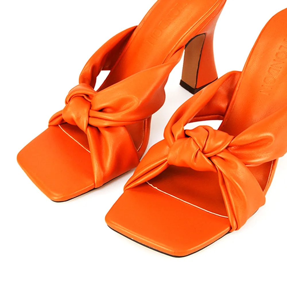 Misty Knot Detail Strappy Square Toe Block High Heel Mules in Orange Synthetic Leather