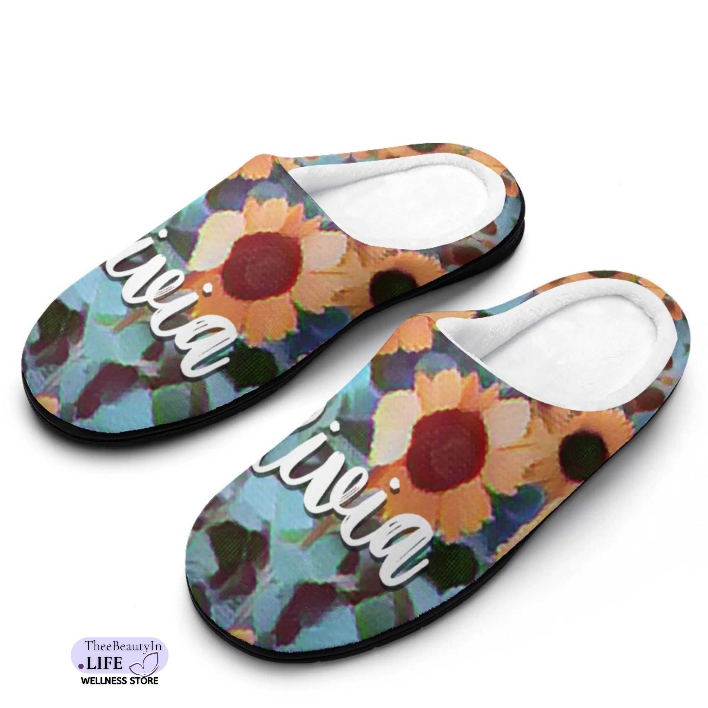 Sunflower Custom House Shoe Slippers | Cute Floral Slippers for Women | Slippers with Matching Robes | Personalized Gift for Leo Birthdays | Pixel Art Shoes