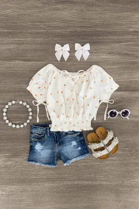 White Flower Ruched Top