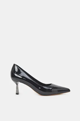 Women Black Court Shoe With Diamante Trim