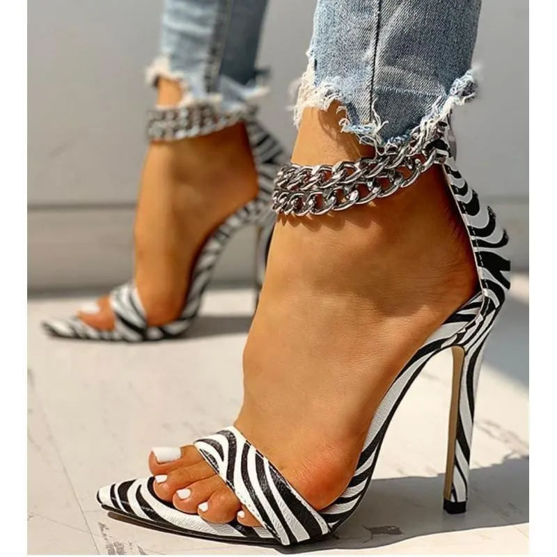 Women sexy chain ankle strap pointed toe stiletto high heels