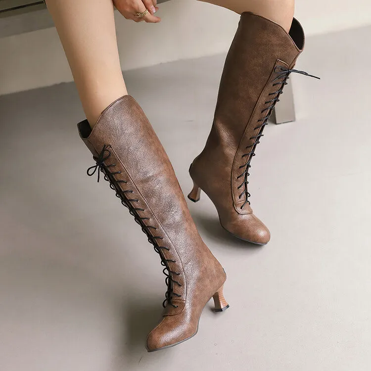 Women's Camouflage Lace-Up Round Toe Hoof Heel Mid-Calf Western Boots