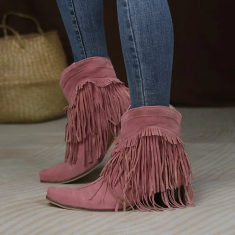 Women's Flock Pointed Toe Tassel Block Chunky Heel Cowboy Ankle Boots