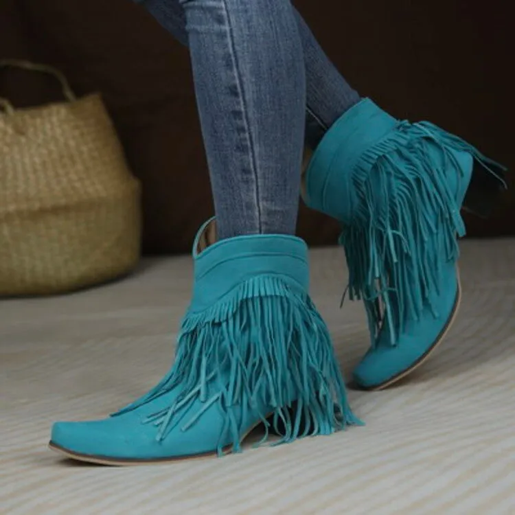 Women's Flock Pointed Toe Tassel Block Chunky Heel Cowboy Ankle Boots