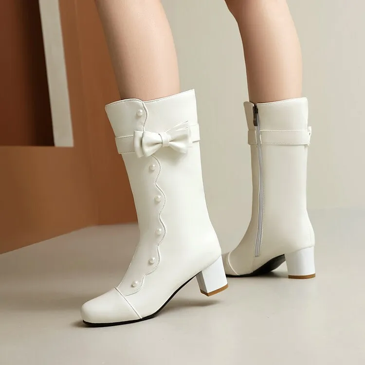 Women's Pearl Bowtie Round Toe Square Heel Mid Calf Boots