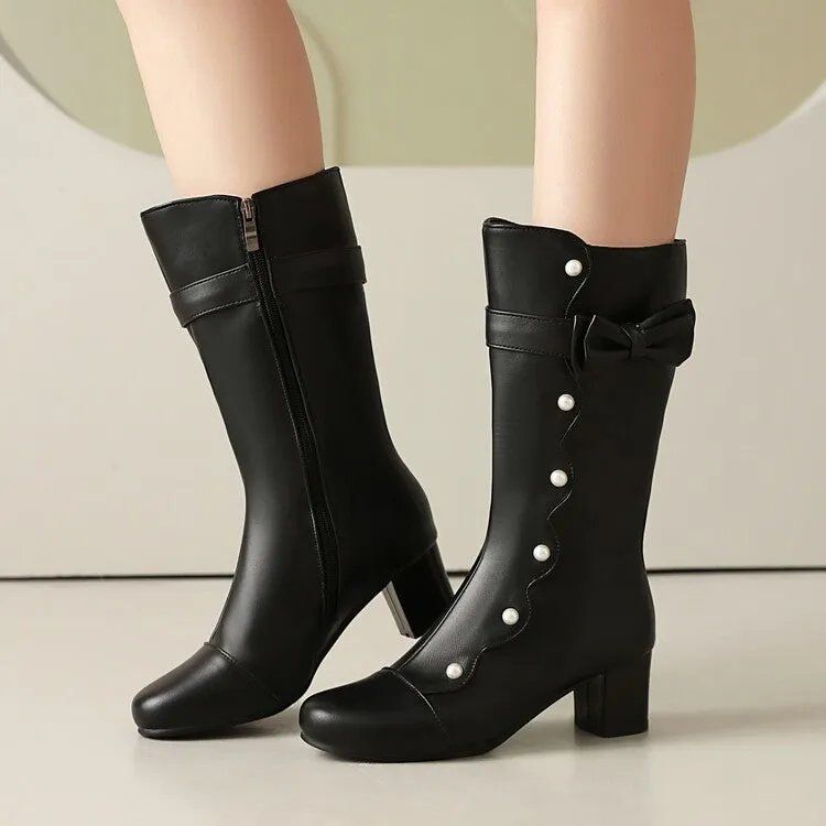 Women's Pearl Bowtie Round Toe Square Heel Mid Calf Boots