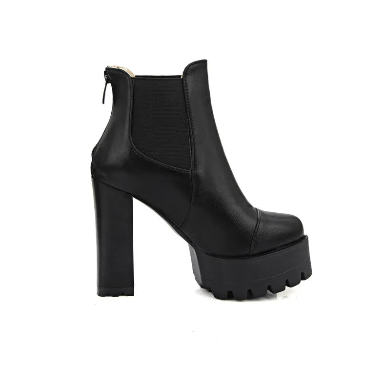 Women's Pu Leather Round Toe Back Zippers Block Chunky Heel Platform Ankle Boots