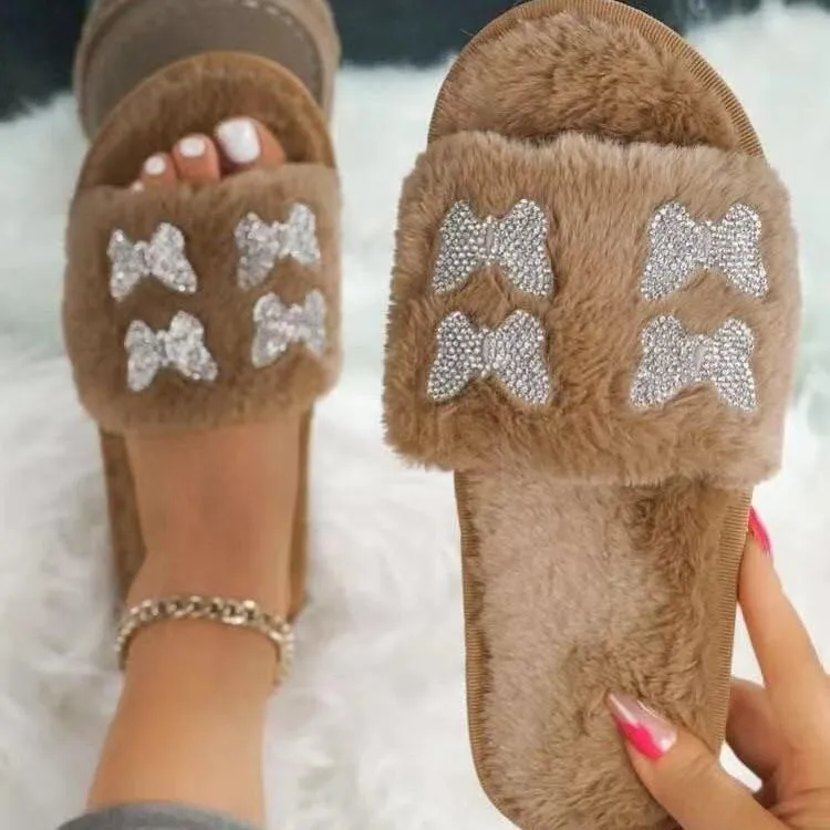 Women's rhinestone butterfly fluffy open toe slippers winter warm indoor shoes